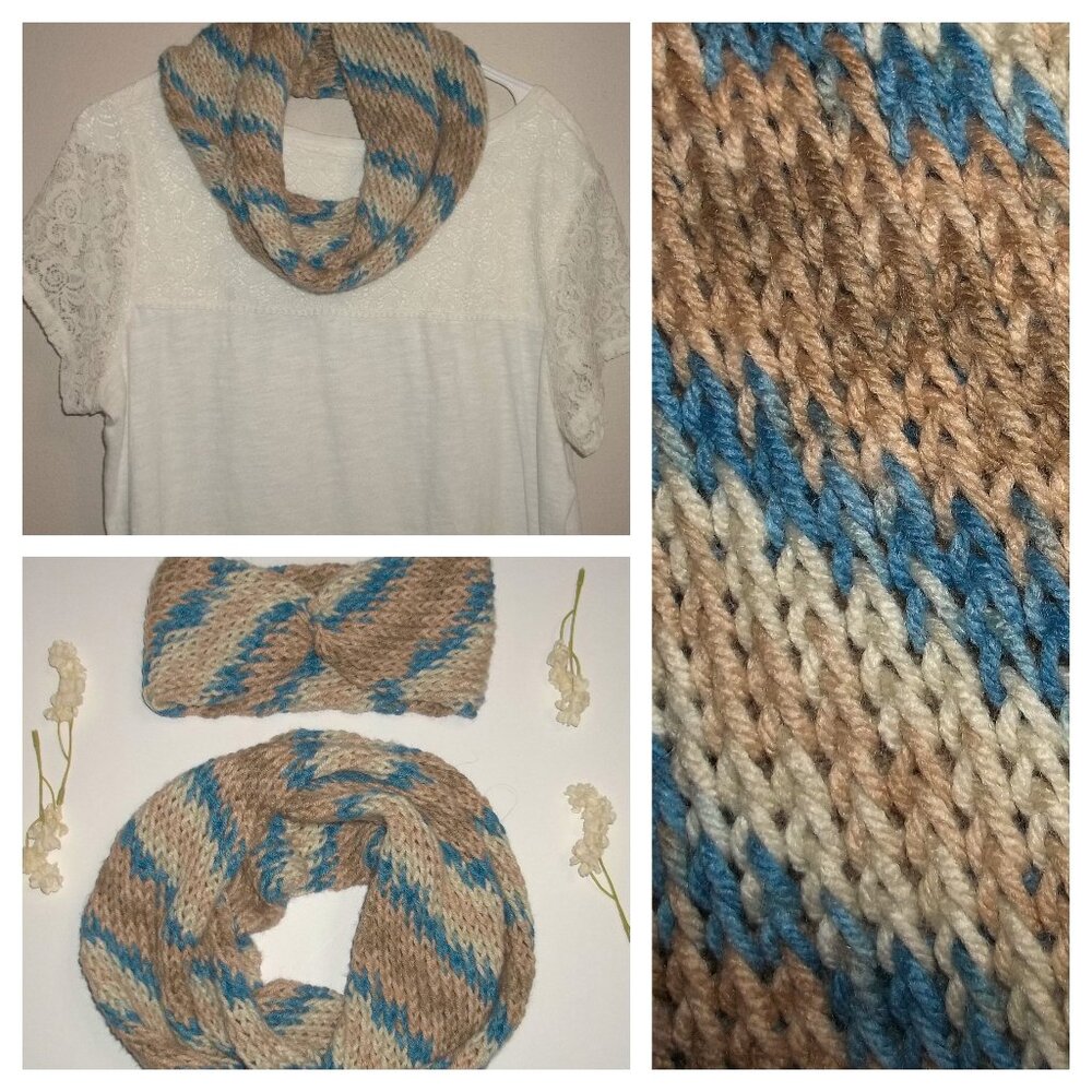 Infinity Scarf and Headband Blue Brown Cream Girl Woman Fashion Accessory S82